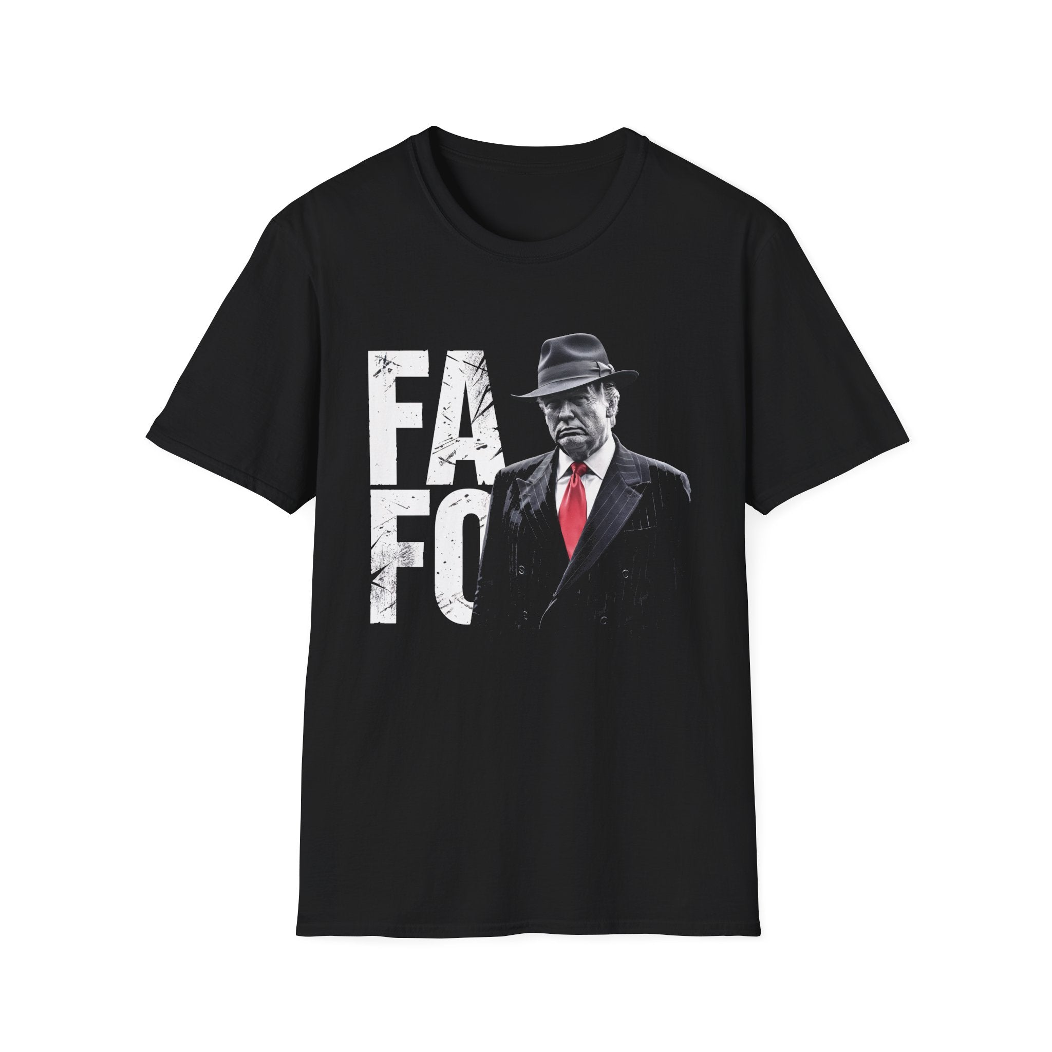 Black "FAFO" graphic t-shirt featuring a vintage mafia-inspired design with Donald Trump in a suit and red tie, and the letters FAFO, perfect for bold individuals with a sense of humor.