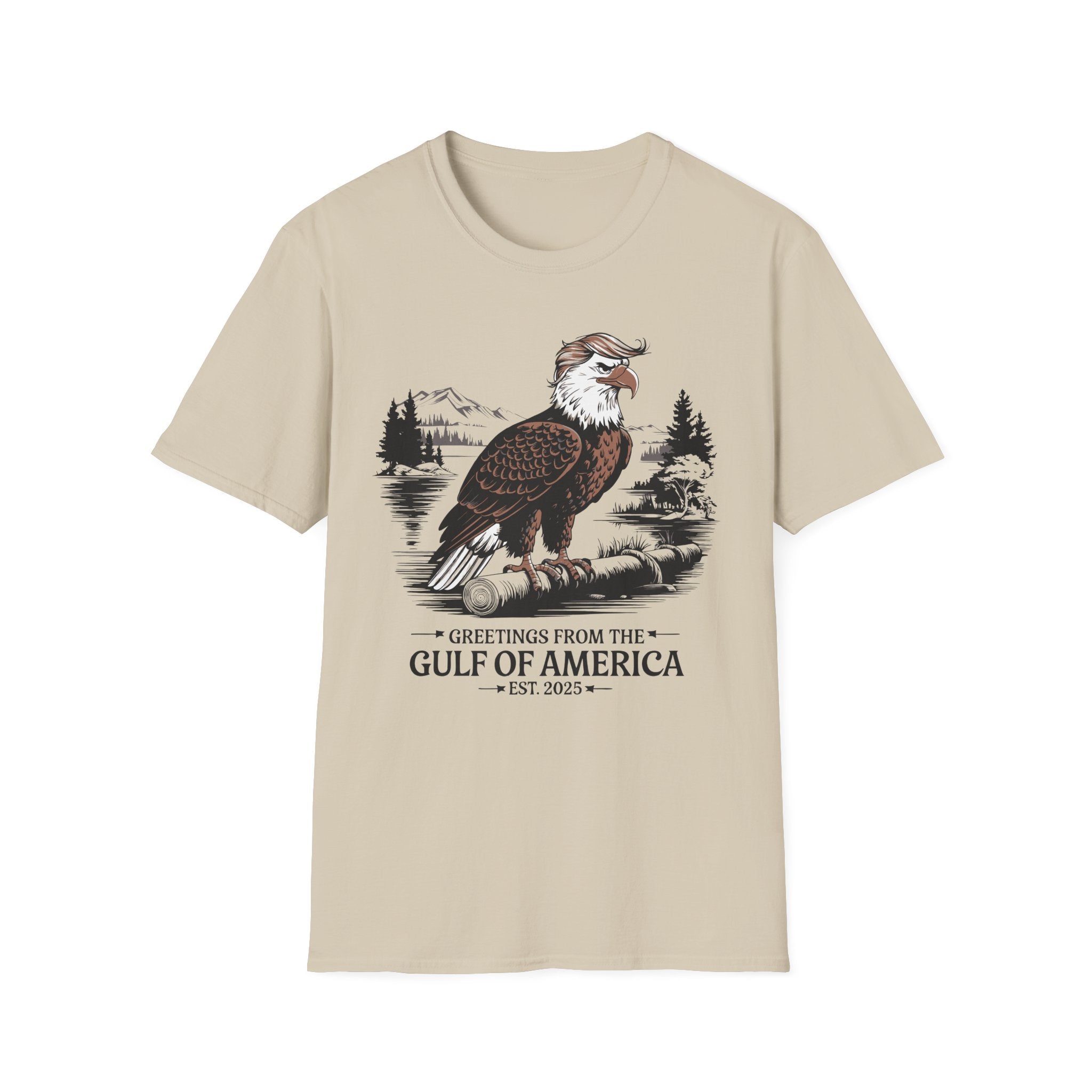 Sand "Greetings from the Gulf of America" t-shirt featuring a patriotic eagle graphic and humorous message, perfect for conservatives and patriots.