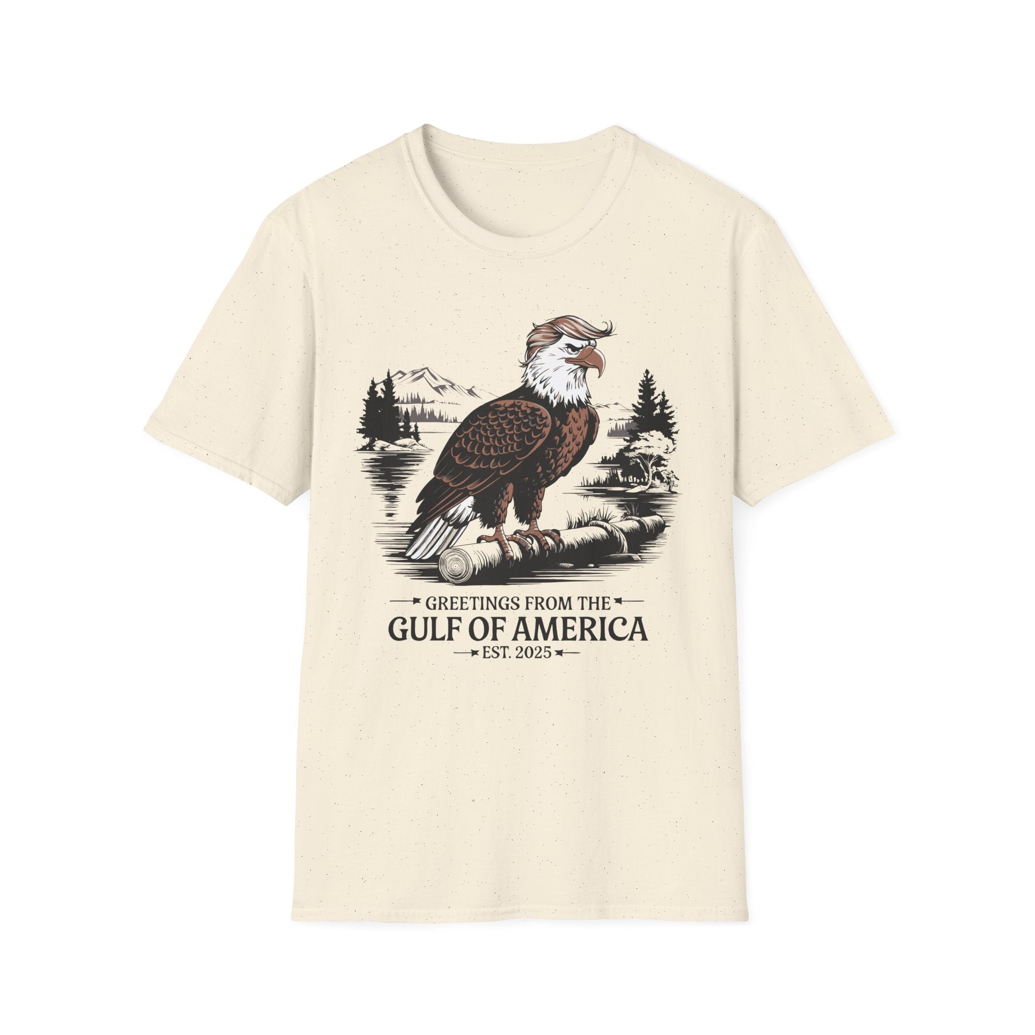 Natural "Greetings from the Gulf of America" t-shirt featuring a patriotic eagle graphic and humorous message, perfect for conservatives and patriots.