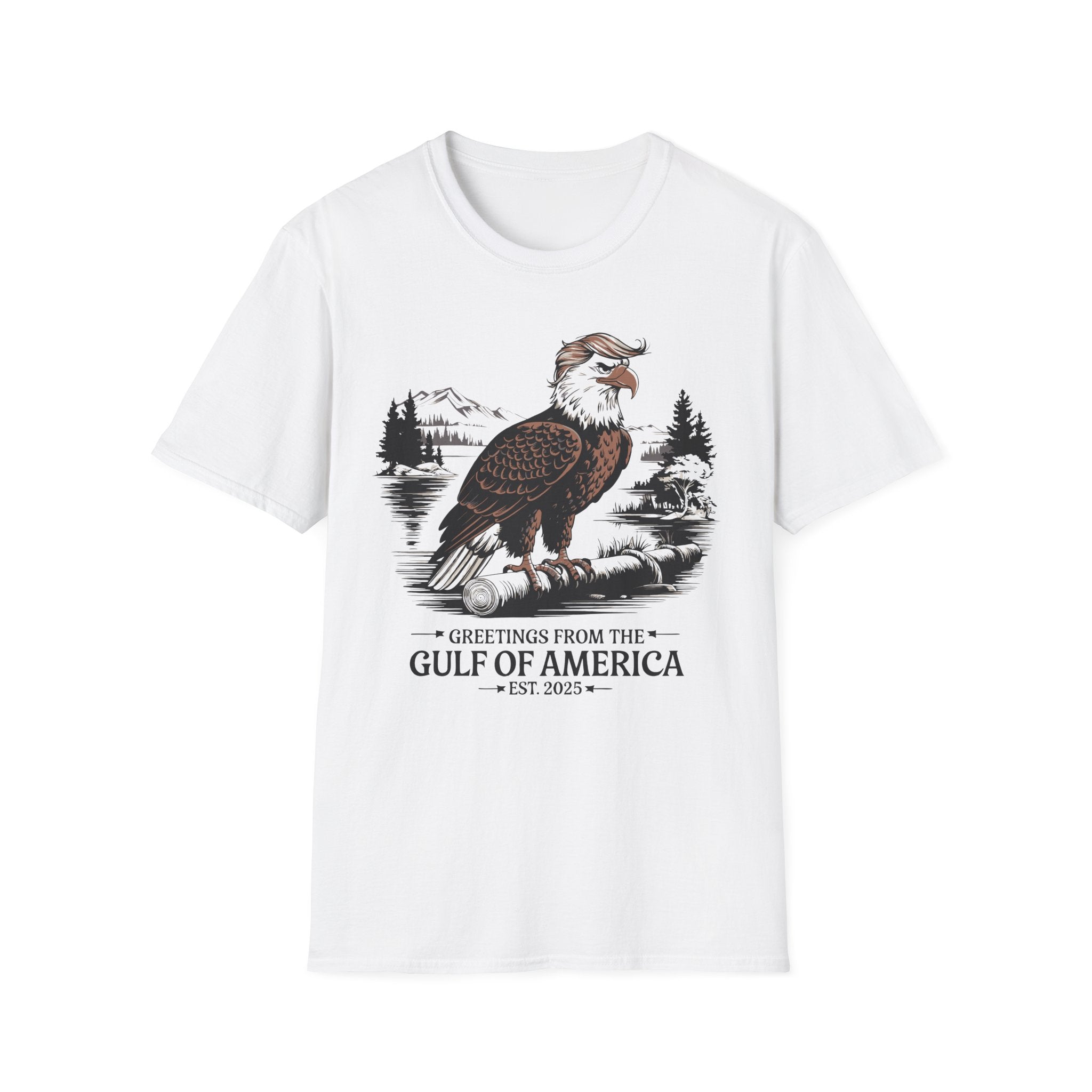 White "Greetings from the Gulf of America" t-shirt featuring a patriotic eagle graphic and humorous message, perfect for conservatives and patriots.